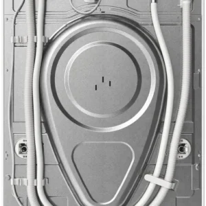 La vue arrière du MIELE WWB360WCS montre les tuyaux attachés et le cordon d'alimentation sur un panneau métallique.