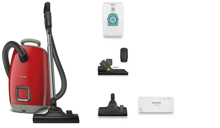 L'aspirateur-traîneau Miele GUARD L1 RED PULSE comprend un tuyau, des têtes de brosse, un sac, un filtre et des accessoires de buse pour une meilleure performance de nettoyage.