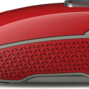 L'aspirateur-traîneau GUARD L1 RED PULSE de Miele, au design rouge et gris avec un motif géométrique sur les côtés, est montré dans une vue de côté.