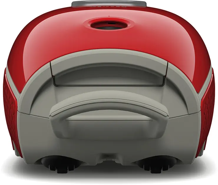 L'aspirateur Miele GUARD L1 RED PULSE, de couleur rouge et grise, est présenté de dos, mettant en évidence sa poignée et son panneau arrière.