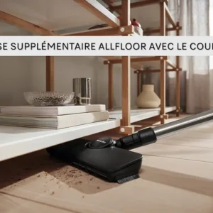 Le Miele GUARD L1 RED PULSE nettoie efficacement la poussière sous une étagère dans un espace de vie bien organisé.