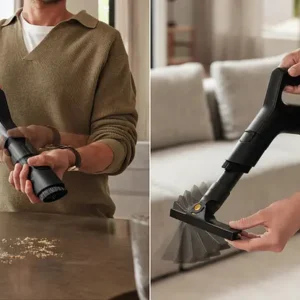 Une personne utilise un aspirateur Miele GUARD L1 RED PULSE avec divers accessoires pour nettoyer une table et un canapé.