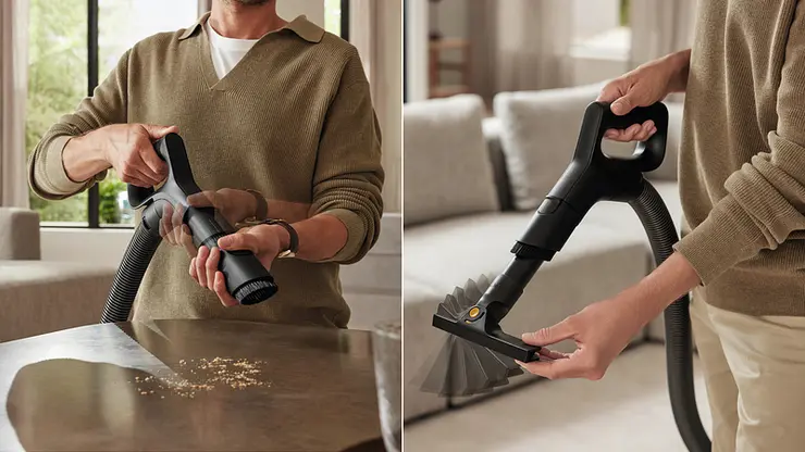 Une personne utilise un aspirateur Miele GUARD L1 RED PULSE avec divers accessoires pour nettoyer une table et un canapé.