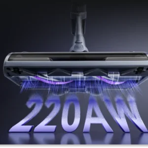 Gros plan d'une tête d'aspirateur NARWAL avec une lumière bleue et le texte "220AW" en dessous, indiquant son aspiration puissante.