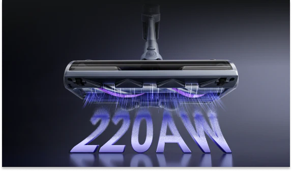 Gros plan d'une tête d'aspirateur NARWAL avec une lumière bleue et le texte "220AW" en dessous, indiquant son aspiration puissante.