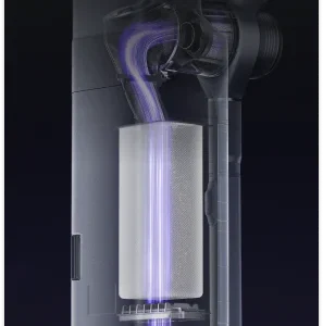 Schéma du système de filtration de l'aspirateur NARWAL illustrant le flux d'air à travers le filtre cylindrique.