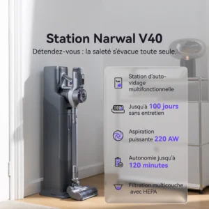 Aspirateur sans fil NARWAL dans sa station de charge avec texte en français détaillant ses principales caractéristiques et spécifications.