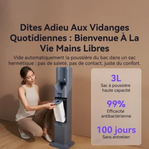 Une femme insère un sac à poussière dans le bac de l'aspirateur sans contact NARWAL, les caractéristiques françaises étant affichées à côté d'elle.