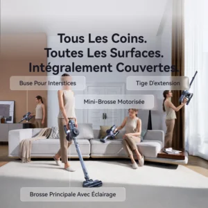 Une femme utilise l'aspirateur sans fil NARWAL, dont les pièces sont clairement identifiées, dans un salon moderne.