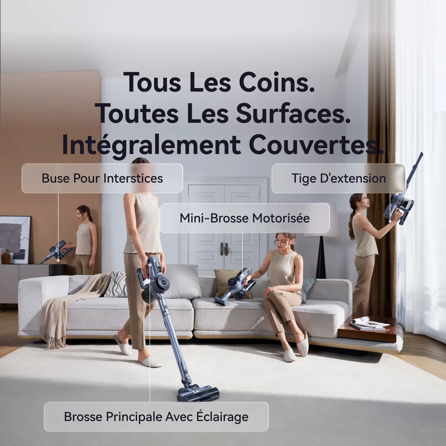 Une femme utilise l'aspirateur sans fil NARWAL, dont les pièces sont clairement identifiées, dans un salon moderne.