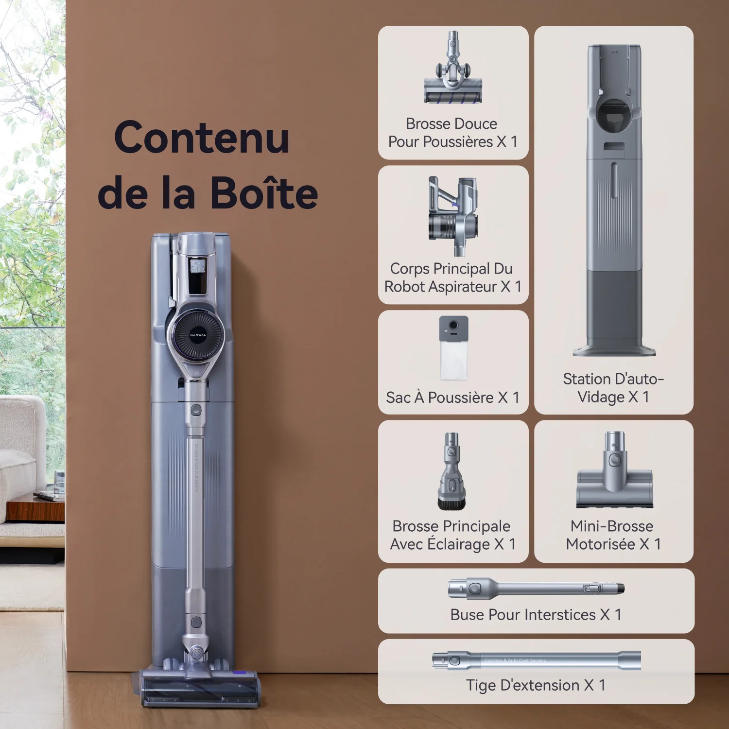 Les images montrent le contenu de la boîte de l'aspirateur NARWAL avec un texte en français énumérant chaque article inclus.