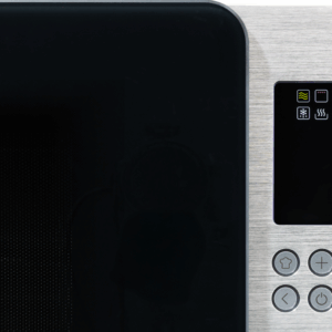 Gros plan sur le panneau de commande du four à micro-ondes SMEG MOC01BLMEU, qui comporte un écran d'affichage et six boutons.