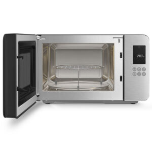 Le four à micro-ondes SMEG MOC01BLMEU en acier inoxydable est présenté avec sa porte ouverte, révélant la grille intérieure et un panneau de commande numérique élégant.