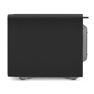 Le boîtier d'ordinateur de bureau SMEG MOC01BLMEU en noir est montré de côté sur un fond blanc.