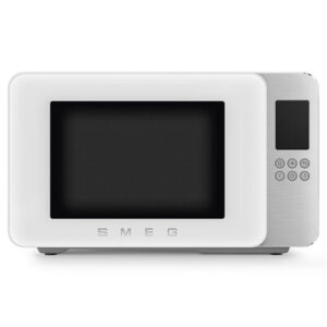 Le micro-ondes SMEG MOC01BLMEU est disponible en blanc et en argent, avec un écran numérique et des boutons de commande sur le côté droit.