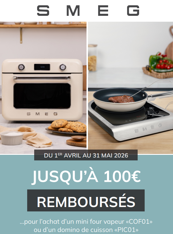 Un four et une table de cuisson SMEG avec une poêle et un steak, plus une offre groupée piano hotte-obtenez jusqu'à 100€ de remboursement. Promo valable jusqu'en avril 2026.