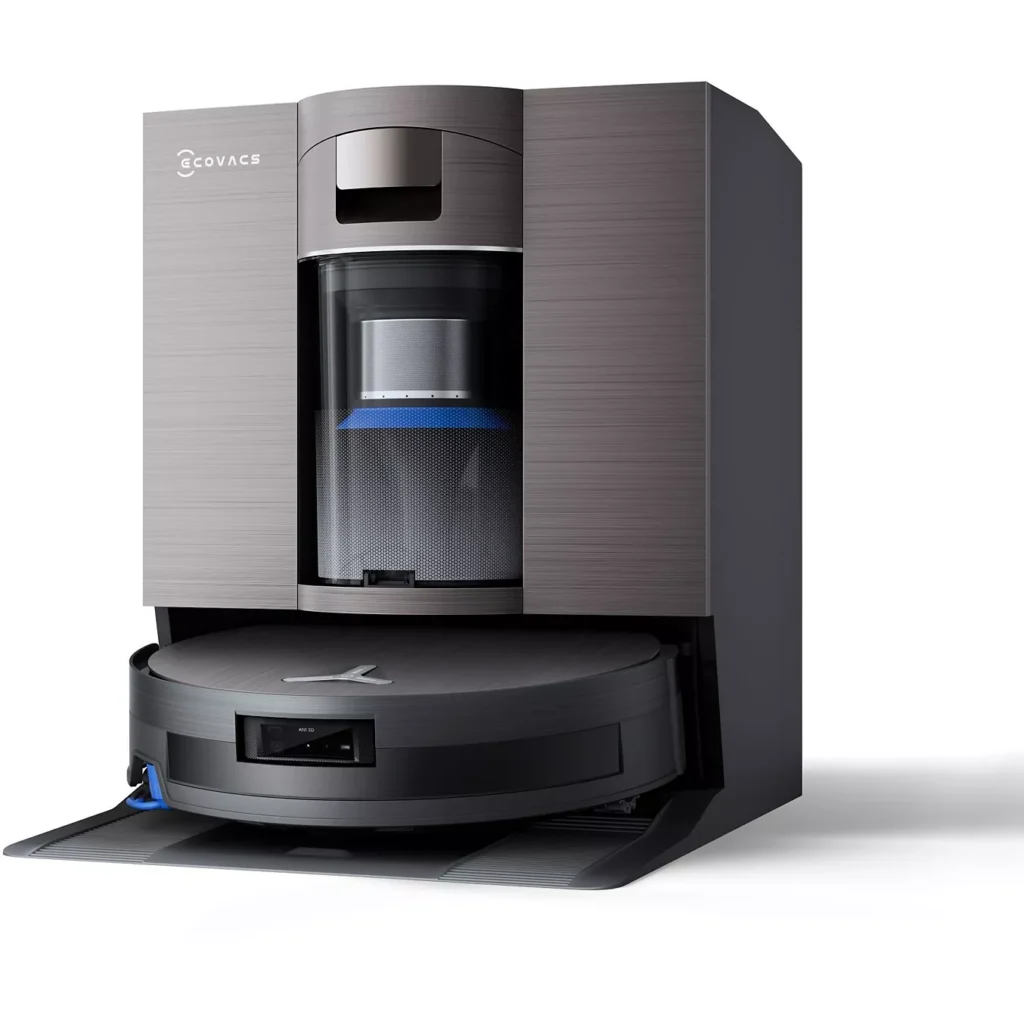 L'aspirateur robot ECOVACS X11 omni est représenté sur un fond blanc, reposant dans sa station de charge et de nettoyage.