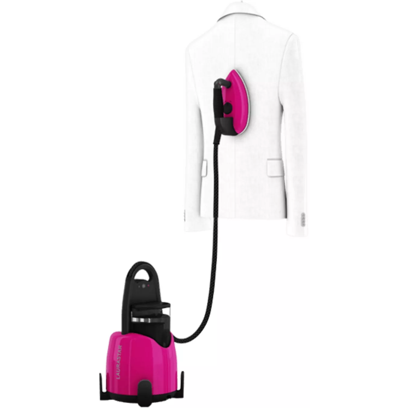 Un fer à vapeur LAURASTAR LIFT XTRA ALUMINIUM rose défroisse une veste de costume blanche sur un cintre sur un fond blanc.