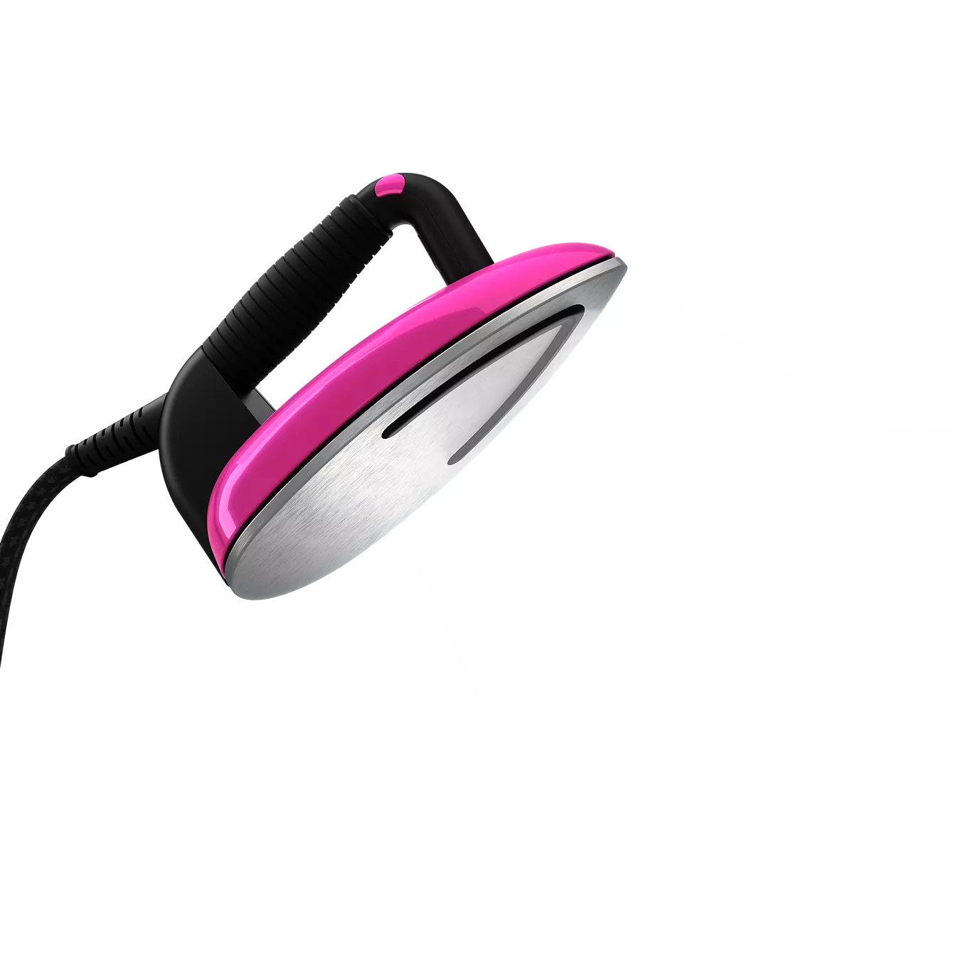 Un fer à repasser électrique LAURASTAR LIFT XTRA ALUMINIUM rose et noir avec une semelle en acier inoxydable et des accents en aluminium, présenté sur un fond blanc.