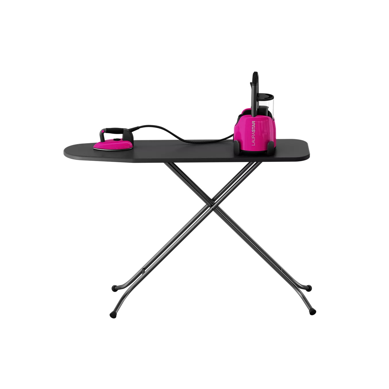 Planche à repasser LAURASTAR noire surmontée d'un fer à vapeur LAURASTAR LIFT XTRA ALUMINIUM et d'une base, isolée sur fond blanc.