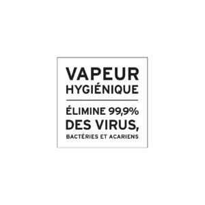 Texte en français : "Vapeur hygiénique élimine 99,9% des virus, bactéries et acariens" sur fond blanc, présente le LAURASTAR LIFT XTRA ALUMINIUM au design élégant.