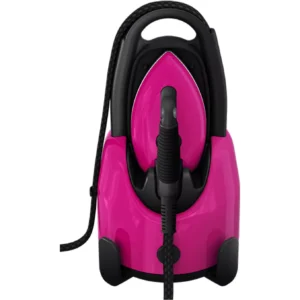 Le LAURASTAR LIFT XTRA ALUMINIUM est un nettoyeur vapeur portatif de couleur rose avec une poignée noire, un cordon d'alimentation et un corps en aluminium durable.