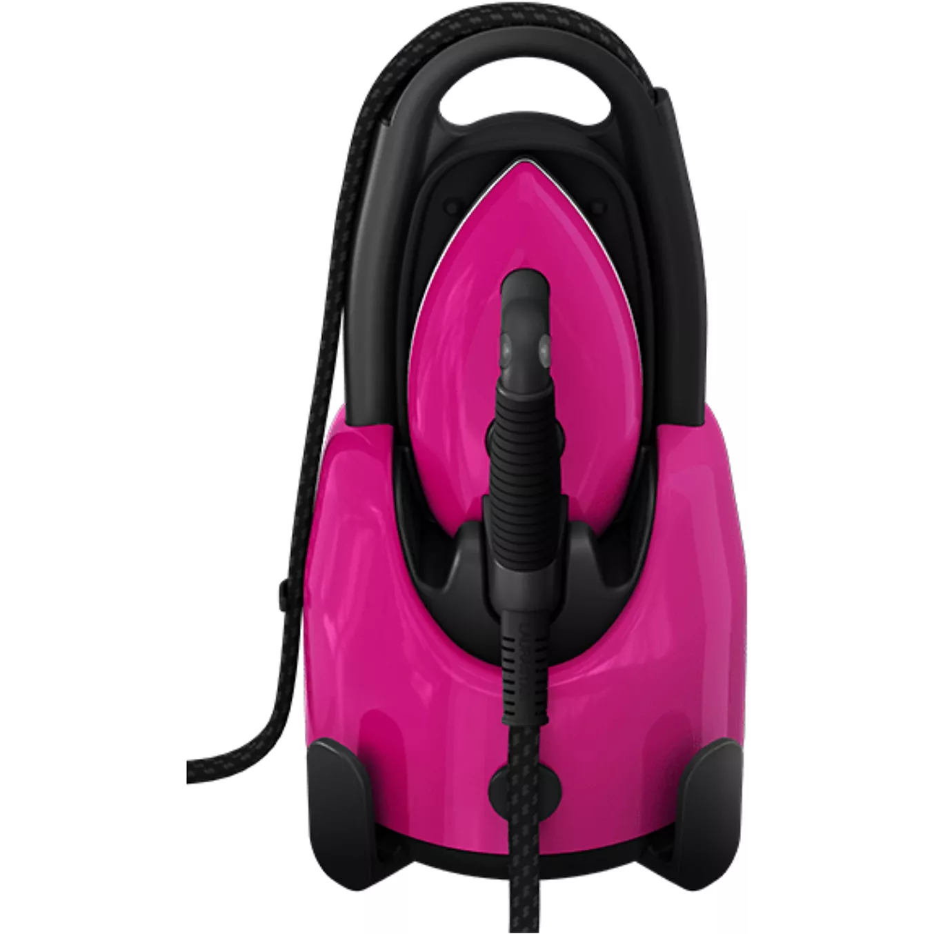 Le LAURASTAR LIFT XTRA ALUMINIUM est un nettoyeur vapeur portatif de couleur rose avec une poignée noire, un cordon d'alimentation et un corps en aluminium durable.