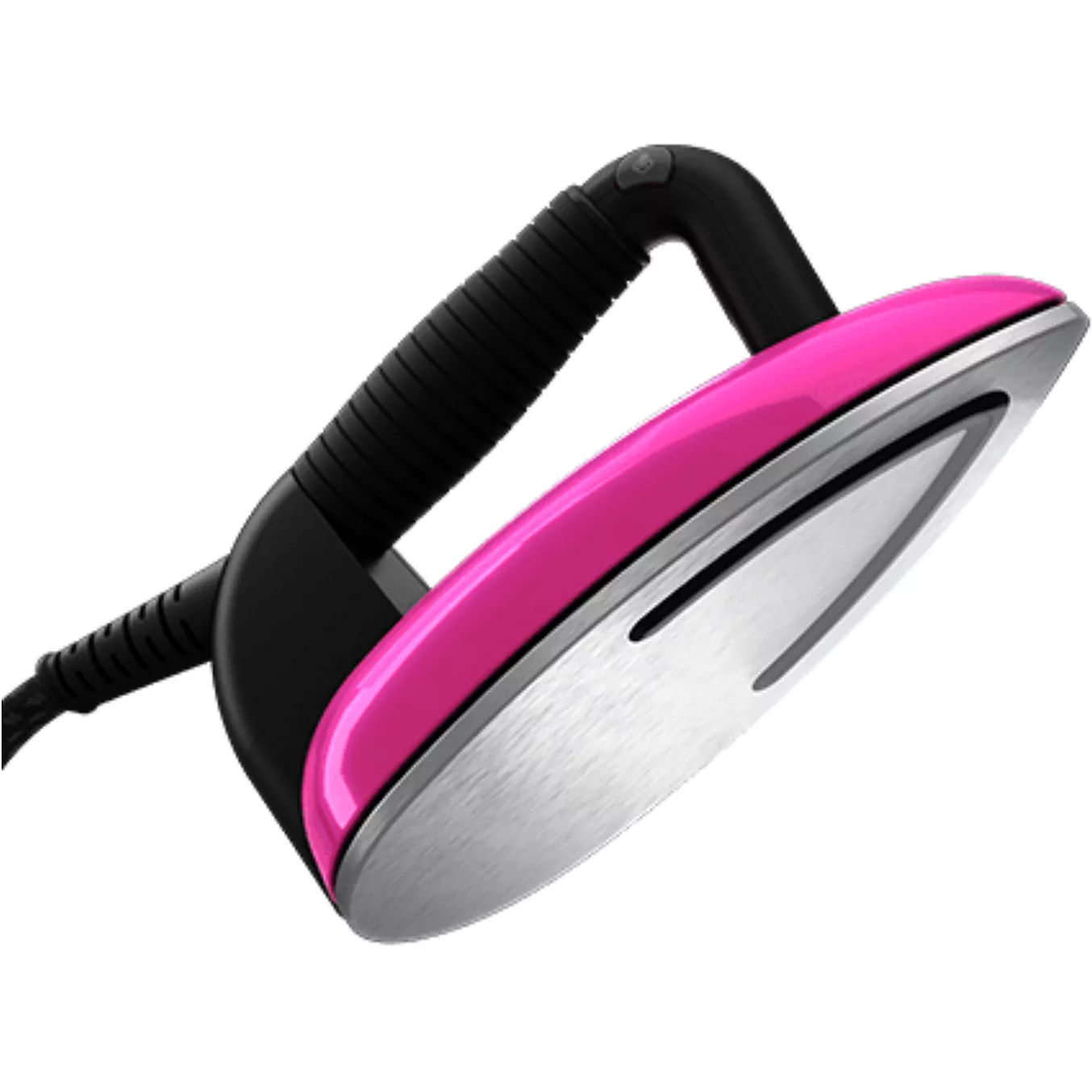 Le fer à repasser électrique LAURASTAR LIFT XTRA ALUMINIUM présente un design rose et noir avec une semelle en aluminium, présentée en contre-plongée.