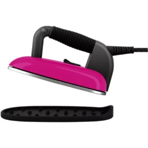 Fer à vapeur LAURASTAR LIFT XTRA ALUMINIUM de couleur rose avec une poignée noire et une base amovible en aluminium, présenté sur un fond blanc.