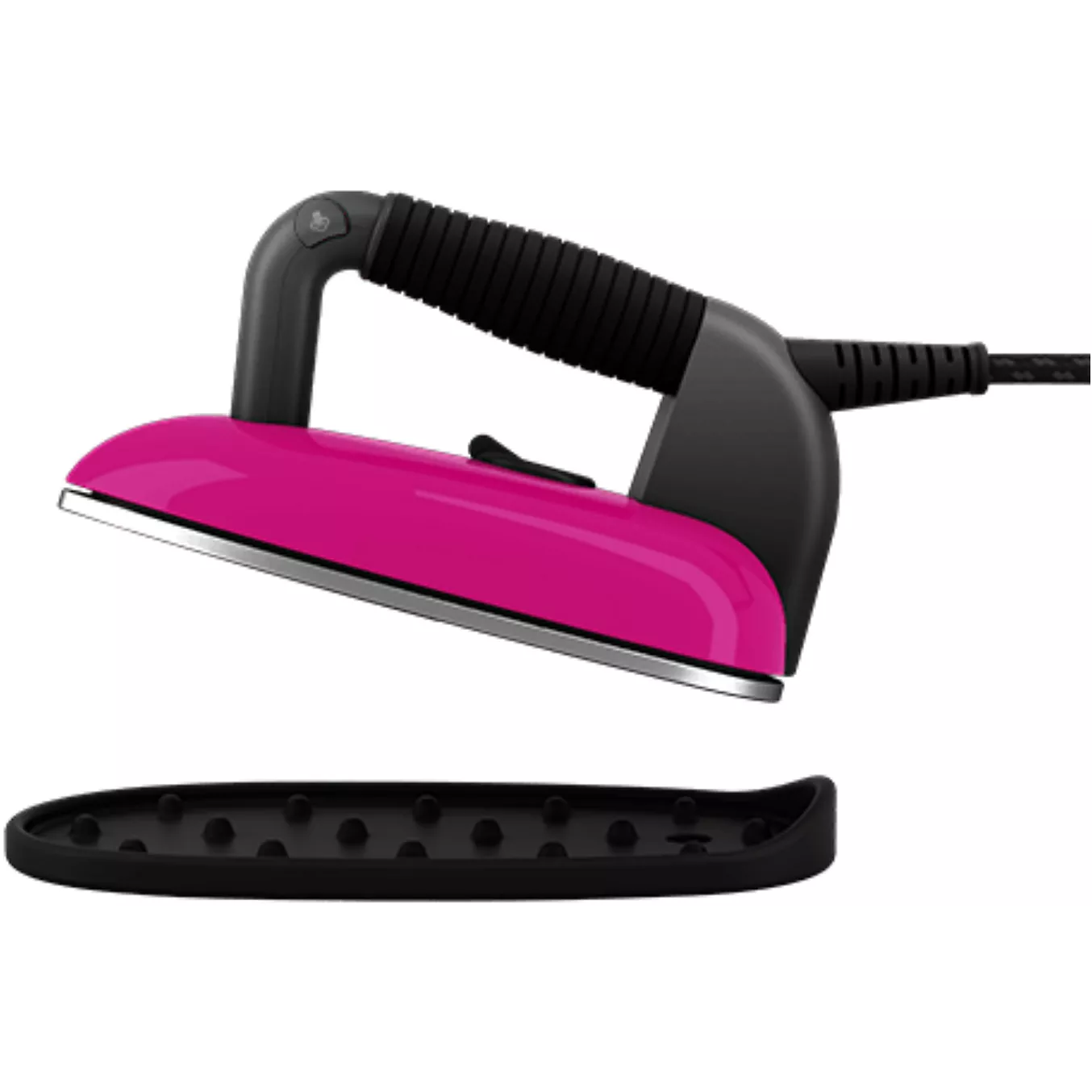 Fer à vapeur LAURASTAR LIFT XTRA ALUMINIUM de couleur rose avec une poignée noire et une base amovible en aluminium, présenté sur un fond blanc.