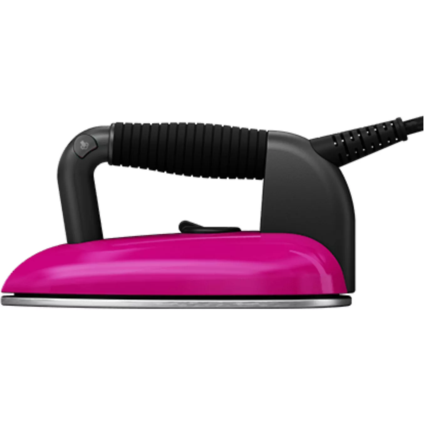 Le fer à repasser électrique LAURASTAR LIFT XTRA ALUMINIUM en rose et noir, avec semelle en aluminium, poignée et cordon noirs, est présenté de côté sur fond blanc.