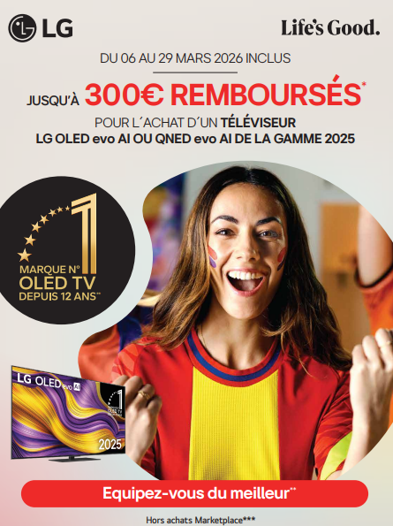 Une femme souriante en tenue de sport fait la fête à côté d'un téléviseur LG OLED en promotion jusqu'à 300€ REMBOURSÉS.