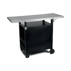Le chariot de cuisine à roulettes RIVIERA & BAR QPL950 noir est équipé de deux tablettes latérales rabattables en acier inoxydable et d'un vaste espace de rangement en dessous.