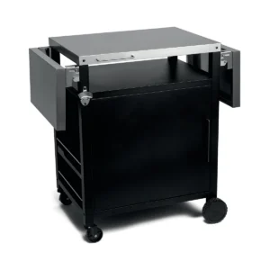 Chariot roulant en métal noir doté de deux tablettes latérales rabattables, d'un meuble de rangement en dessous et de roulettes — idéal pour ranger votre RIVIERA & BAR QPL950 et ses accessoires avec style et praticité.
