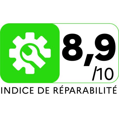 Un logo vert et blanc avec un indice de réparabilité de 8,9/10 et des icônes de clés et d'engrenages soulignent l'importance accordée par SAMSUNG VS20B75B1R1 à la durabilité et à la simplicité d'entretien de l'aspirateur.