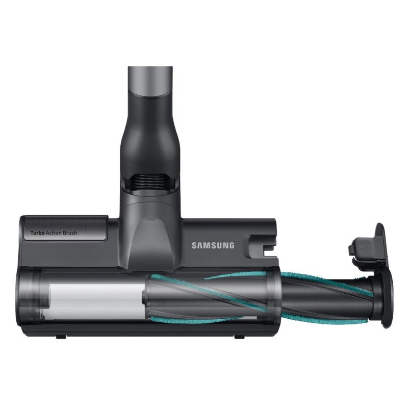 L'aspirateur SAMSUNG VS20B75B1R1 est équipé d'une brosse Turbo Action avec un rouleau et des poils visibles, vue de face.