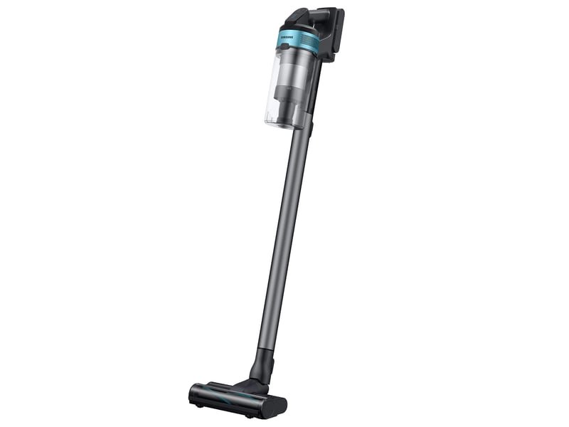 L'aspirateur-balai sans fil SAMSUNG VS20B75B1R1 présente un bac à poussière transparent et des accents bleus sur fond blanc.
