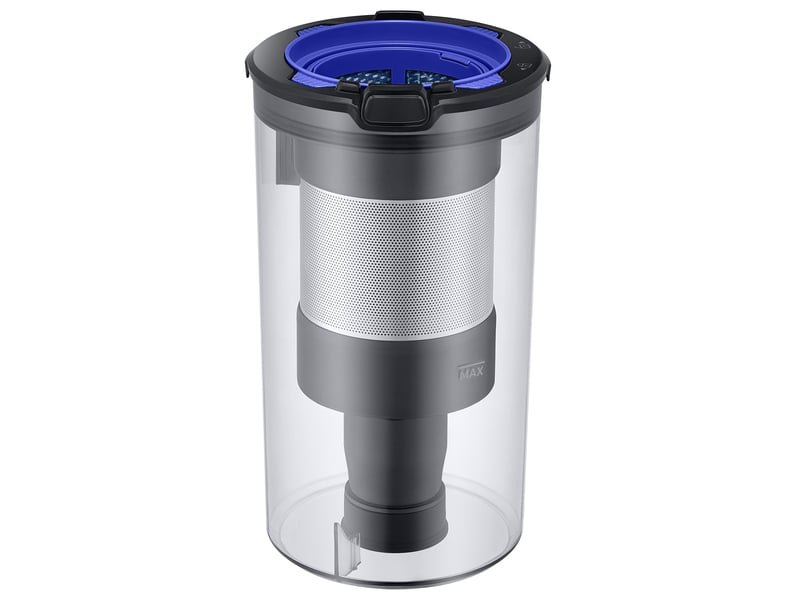Un bac à poussière transparent avec un filtre métallique et un couvercle bleu, conçu pour le SAMSUNG VS20B75B1R1, est présenté sur un fond blanc.