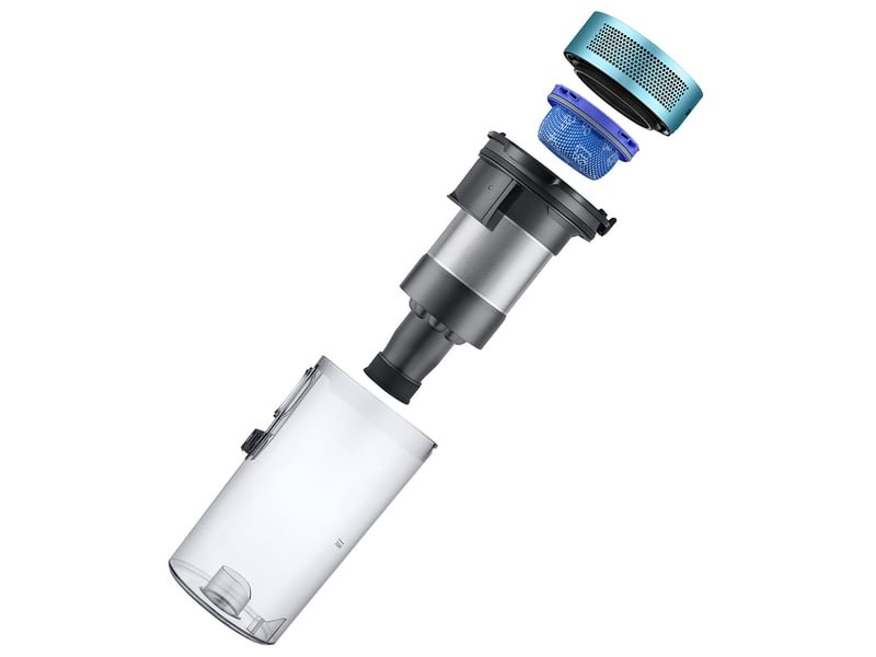 Vue éclatée de l'aspirateur SAMSUNG VS20B75B1R1 montrant les composants du bac à poussière et du filtre séparés et alignés verticalement.