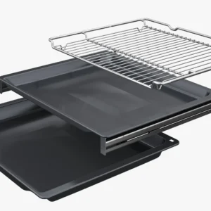 Deux plaques de four noires et une grille métallique, compatibles avec le four SIEMENS HB974GLB1, sont présentées séparées et empilées sur un fond blanc.