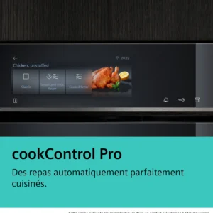 L'écran du four SIEMENS HB978GNM1 affiche les options de cuisson du poulet, avec une image de poulet cuit et le texte "cookControl Pro" en français en dessous.