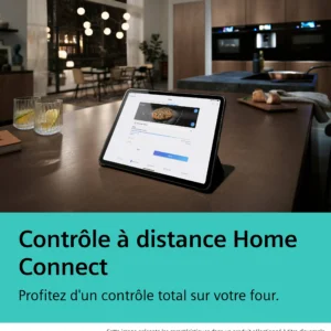 Une tablette sur l'îlot de cuisine utilise l'application Home Connect pour contrôler à distance le four SIEMENS HB978GNM1.