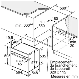 Schéma technique de l'installation du four SIEMENS HB978GNM1 avec les mesures en millimètres et les points de connexion étiquetés, adapté à l'intégration d'un lave-vaisselle.