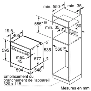 Schéma du four et de l'armoire SIEMENS HB978GNM1, indiquant les mesures d'installation détaillées en millimètres.