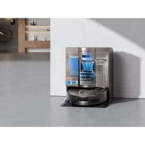 L'aspirateur robot ECOVACS X11 omni est présenté à sa base, avec une vue claire mettant en évidence ses systèmes avancés de nettoyage et d'arrosage à l'intérieur.