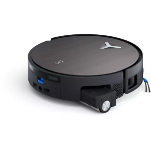 L'ECOVACS X11 omni est un aspirateur robot rond et noir, avec un couvercle et des boutons de commande en métal brossé, offrant une expérience de nettoyage omni.