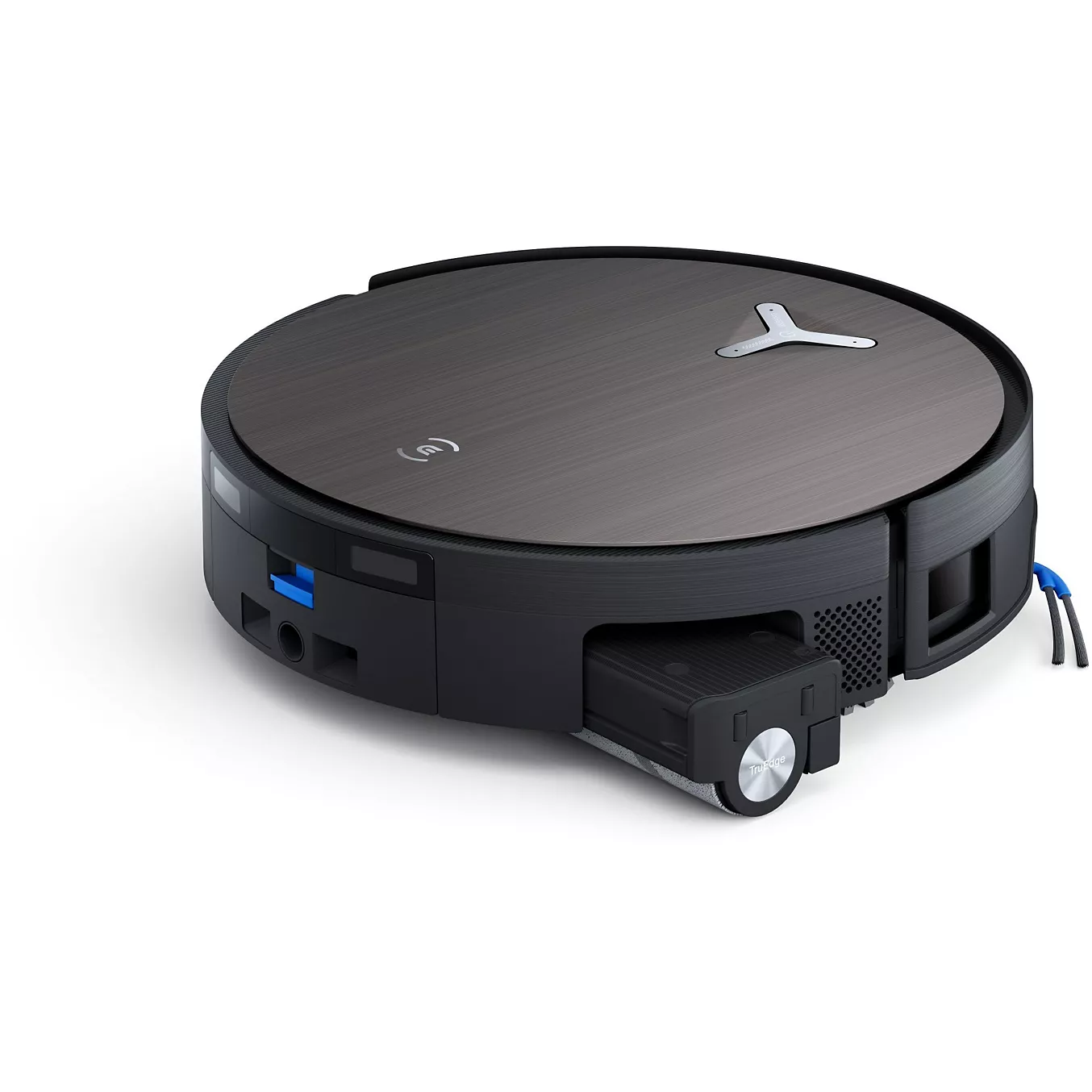 L'ECOVACS X11 omni est un aspirateur robot rond et noir, avec un couvercle et des boutons de commande en métal brossé, offrant une expérience de nettoyage omni.