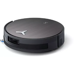 L'ECOVACS X11 omni est un aspirateur robot circulaire noir conçu pour un nettoyage efficace des sols, présenté sur un fond blanc.