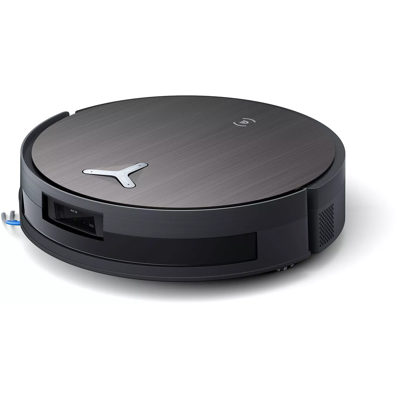 L'ECOVACS X11 omni est un aspirateur robot circulaire noir conçu pour un nettoyage efficace des sols, présenté sur un fond blanc.