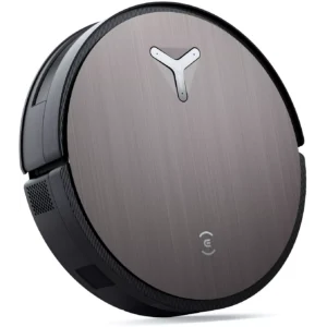 L'ECOVACS X11 omni est un robot nettoyeur rond et moderne, doté d'une finition en métal brossé et d'un bouton d'alimentation en forme de Y sur le dessus.